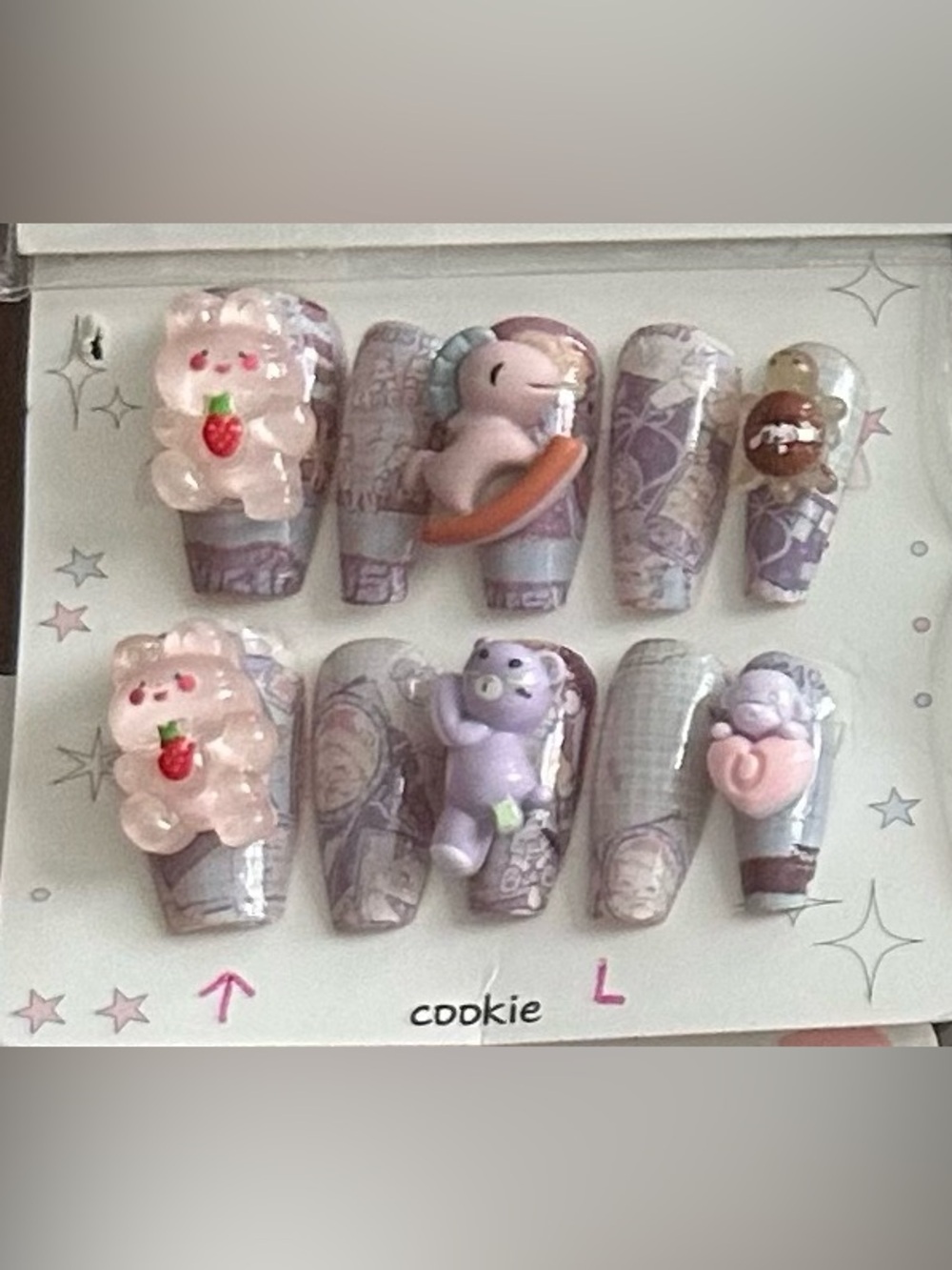 3D Pastel Purple Bear & Cute Character Press-On Nails